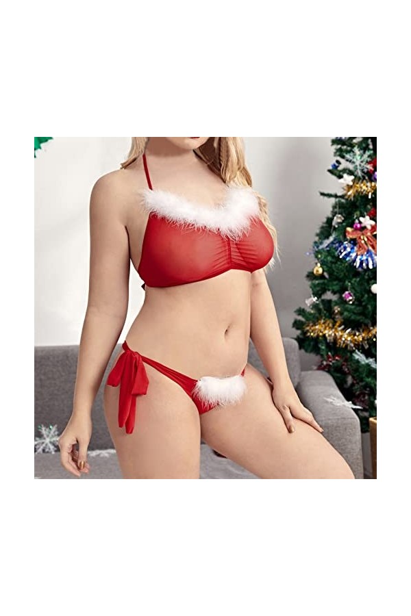 Ensemble de Lingerie de Noël Sexy pour Femme avec Porte-Jarretelles Body en Dentelle Teddy Soutien Gorgé Red, XXXXL 