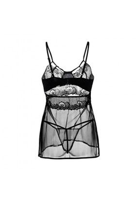 FGUUTYM Sous-vêtements sexy pour femmes pyjamas dentelle robe de nuit sous-vêtements en soie femmes nuit string lingerie, Noi