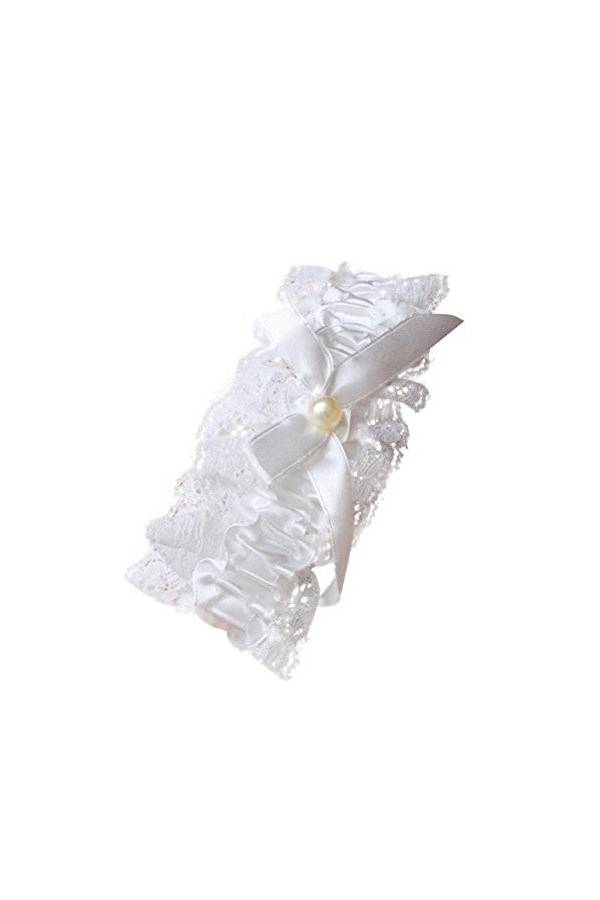 Fashion Accessory – Jarretière en dentelle avec nœud en ruban blanc cassé et perle au centre pour mariage