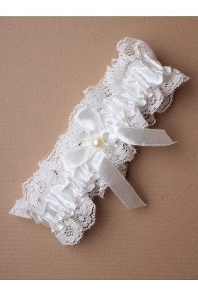 Fashion Accessory – Jarretière en dentelle avec nœud en ruban blanc cassé et perle au centre pour mariage