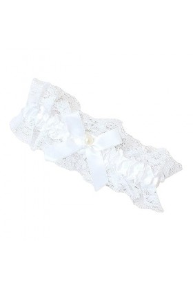 Jarretière de mariée élastique avec Nœud orné dune perle de nacre Ruban et dentelle Ivoire