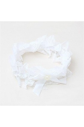 Jarretière de mariée élastique avec Nœud orné dune perle de nacre Ruban et dentelle Ivoire