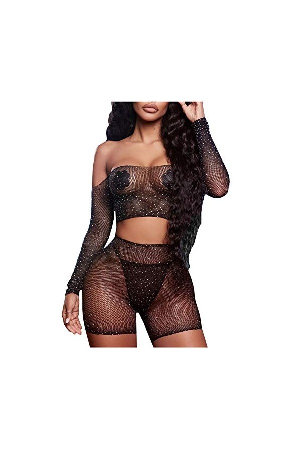 liaddkv Ensemble de lingerie sexy en dentelle pour femme avec strass, Noir , taille unique