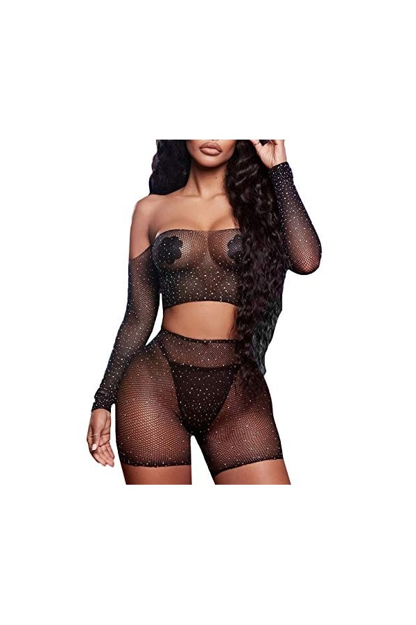 liaddkv Ensemble de lingerie sexy en dentelle pour femme avec strass, Noir , taille unique