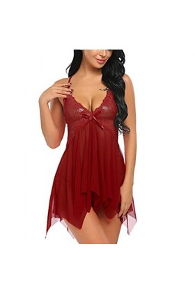 Générique Pyjama Sexy pour Dames Chemise de Nuit Sexy Pleine Culotte Robe de Nuit Pyjama Homewear col V Chemise de Nuit à la 