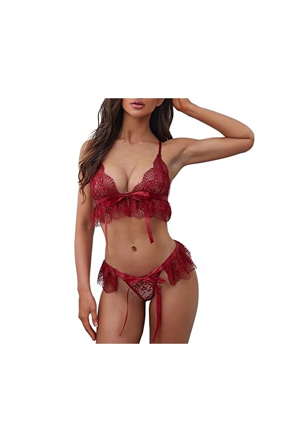 liaddkv Ensemble de lingerie en dentelle pour femme - Soutien-gorge et culotte - Nuisette transparente - Lingerie fluorescent