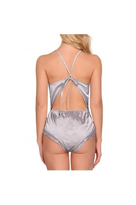 BIISDOST Sexy femmes dentelle Satin Body Sexy Teddy Lingerie dos combinaison sous-vêtements Tenue Sexy Hot Grey, XL 