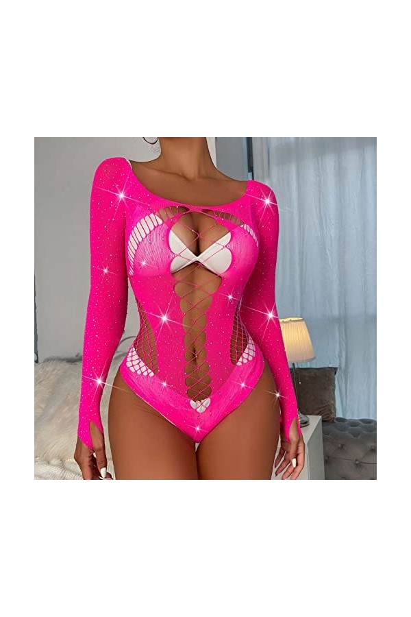 Dames Sexy Brillant Lingerie à Manches Longues Maille Transparent Creux Sexy Lingerie Culotte Combinaison Lover Lingerie A, 