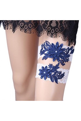 ADOVE Jarretières de mariage en dentelle extensible avec fleurs blanches - Jarretière de mariage bleu foncé 