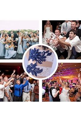 ADOVE Jarretières de mariage en dentelle extensible avec fleurs blanches - Jarretière de mariage bleu foncé 
