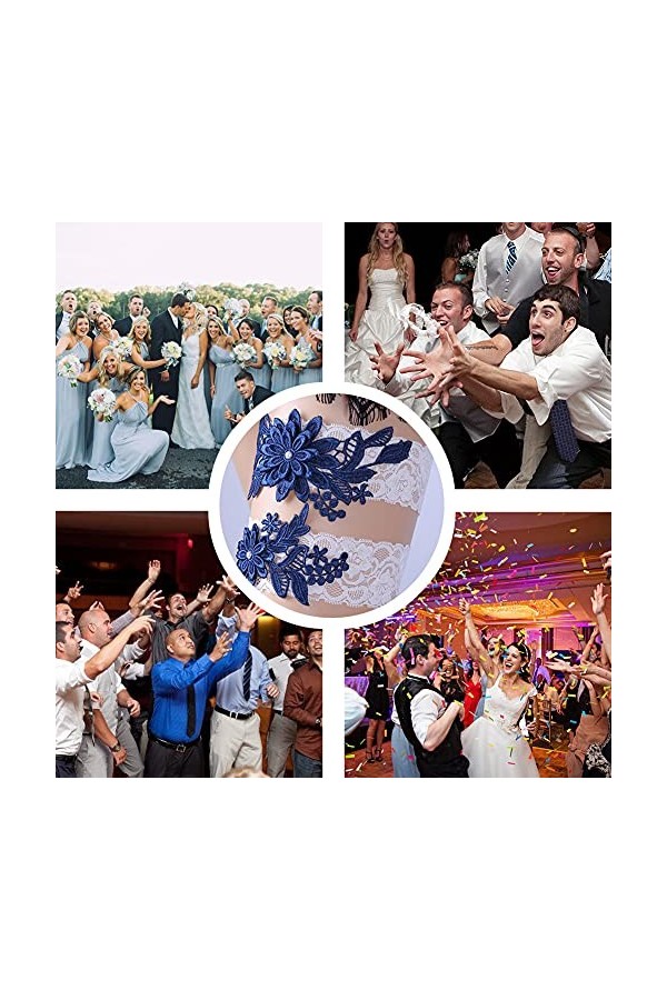 ADOVE Jarretières de mariage en dentelle extensible avec fleurs blanches - Jarretière de mariage bleu foncé 