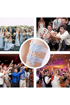 ADOVE Jarretières de mariage en dentelle extensible avec fleurs blanches Bleu clair 