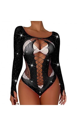 Dames Sexy Brillant Lingerie à Manches Longues Maille Transparent Creux Sexy Lingerie Culotte Combinaison Lover Lingerie Bla