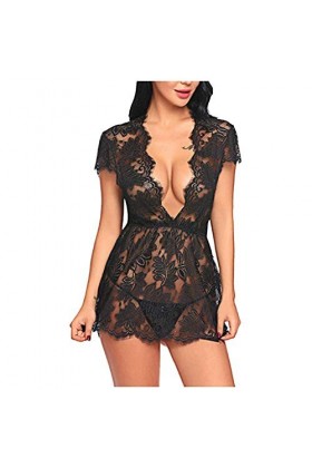 TDEOK Ensemble porte-jarretelles sexy sexy pyjama noir corset femme, Noir , M