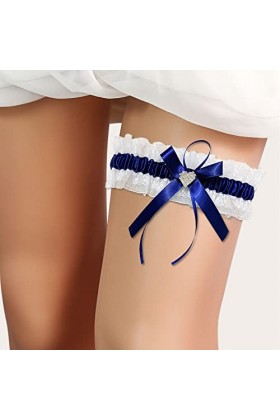 YUEMION Jarretière de mariée, jarretière avec strass en forme de cœur, jarretière en dentelle blanche et ruban bleu, accessoi