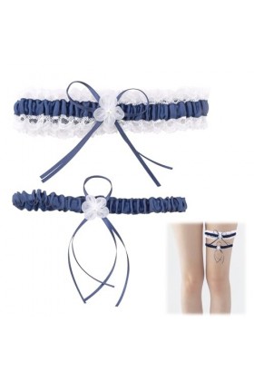 Jarretière Mariage Bleue Élastique - Accessoire Nuptial en Dentelle Blanche et Ruban Satiné, Cadeau pour la Mariée