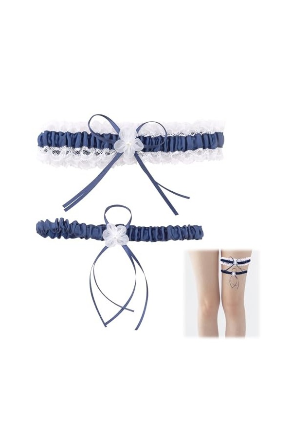 Jarretière Mariage Bleue Élastique - Accessoire Nuptial en Dentelle Blanche et Ruban Satiné, Cadeau pour la Mariée