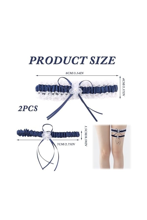 Jarretière Mariage Bleue Élastique - Accessoire Nuptial en Dentelle Blanche et Ruban Satiné, Cadeau pour la Mariée