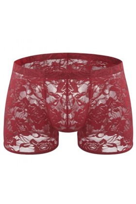 BreakEgg Boxer en dentelle sans couture pour homme avec taille basse sexy et confortable, rouge vin, taille unique