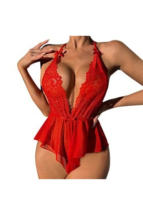 liaddkv Lingerie sexy pour femme - Dentelle contrastée - Maille translucide - Dos nu - Dentelle florale - Body - Lingerie - V