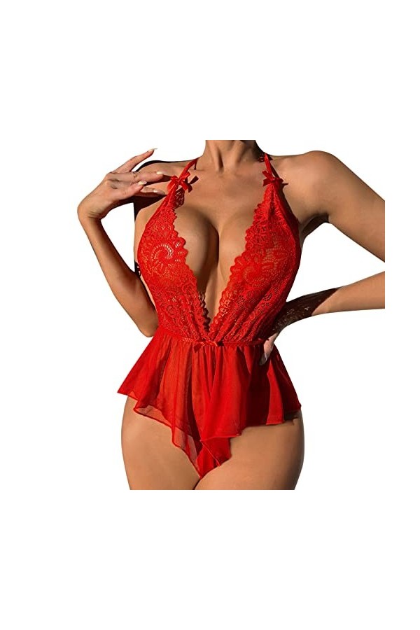 liaddkv Lingerie sexy pour femme - Dentelle contrastée - Maille translucide - Dos nu - Dentelle florale - Body - Lingerie - V