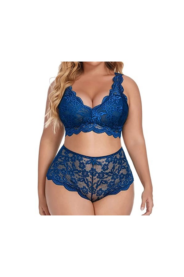 liaddkv Ensemble de lingerie 2 pièces pour femme - Soutien-gorge à lanières et sous-vêtements sexy, bleu, XXXL