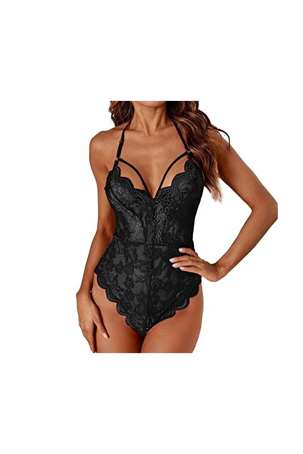 liaddkv Ensemble de lingerie sexy en maille imprimée en dentelle, Noir , S