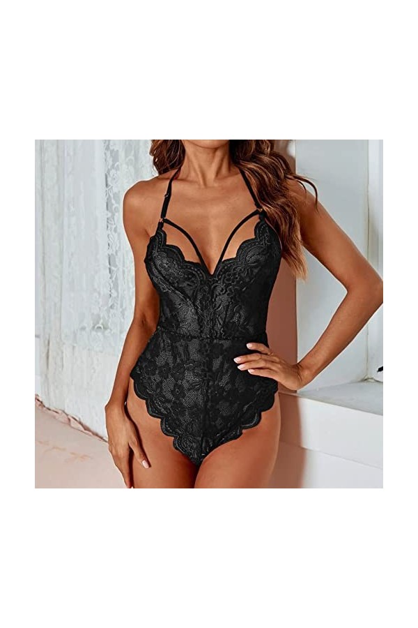 liaddkv Ensemble de lingerie sexy en maille imprimée en dentelle, Noir , S