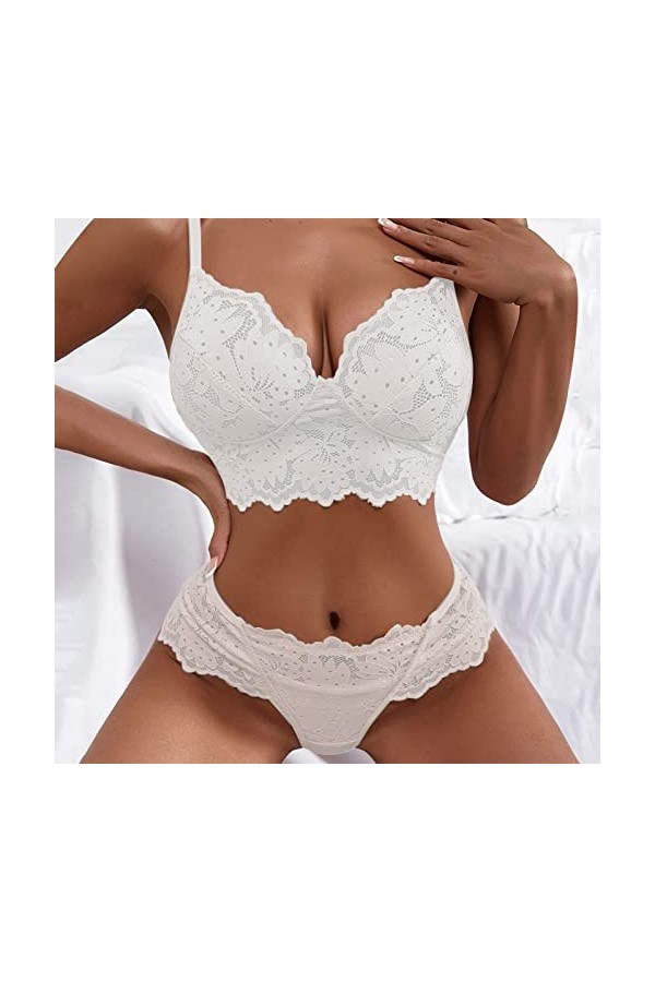 liaddkv Lingerie Femme Sexy Dentelle Crochet Décolleté Soutien-gorge Broderie et Culotte Taille Haute Push Up Ensemble Deux P