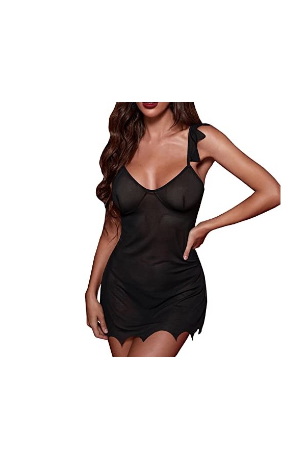 Robe Bustier Médiéval Ladies Suspender 2PC Ring Sexy Mesh Set Lingerie Nightdress Coton Menstruelle Abondant Black, XL 