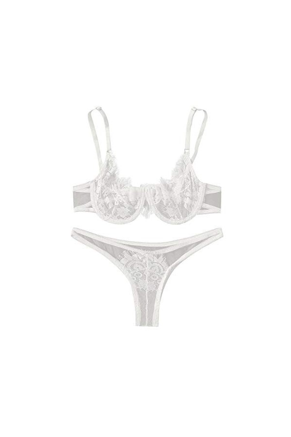 liaddkv Sous-vêtements sexy en dentelle à trois points avec anneau en acier, Blanc., S