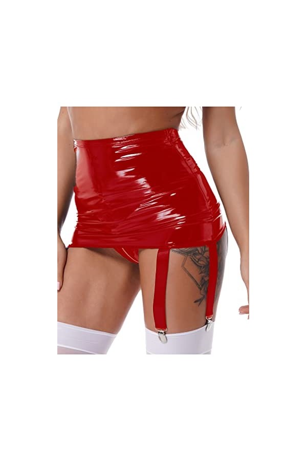 FEESHOW Porte-jarretelles taille haute en cuir verni brillant avec clips en métal pour femme, Rouge, XXXL