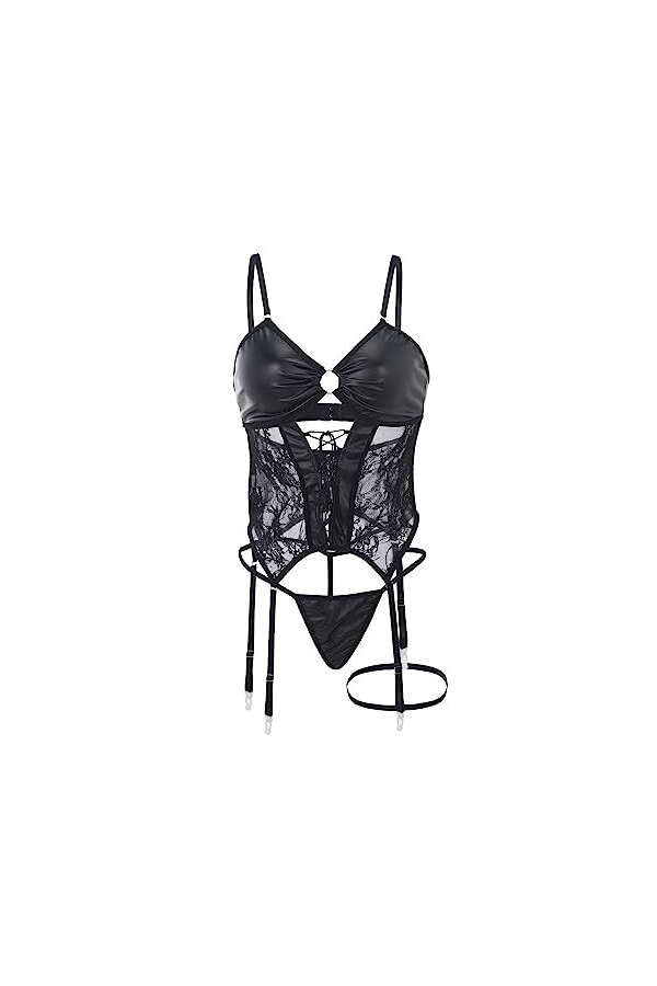 OBiQuzz Lingerie pour femme 3 pièces - Body en peluche - Encolure sexy - Épaules dénudées - Jarretière en polyuréthane - Avec