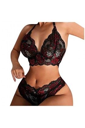 Lingerie Sexy Femme Womens Sexy Lingerie Two Piece Lace Three Point Big Breast Underwear Two Piece Set Costumes Sexy Red, L 