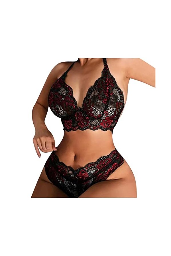 Lingerie Sexy Femme Womens Sexy Lingerie Two Piece Lace Three Point Big Breast Underwear Two Piece Set Costumes Sexy Red, L 