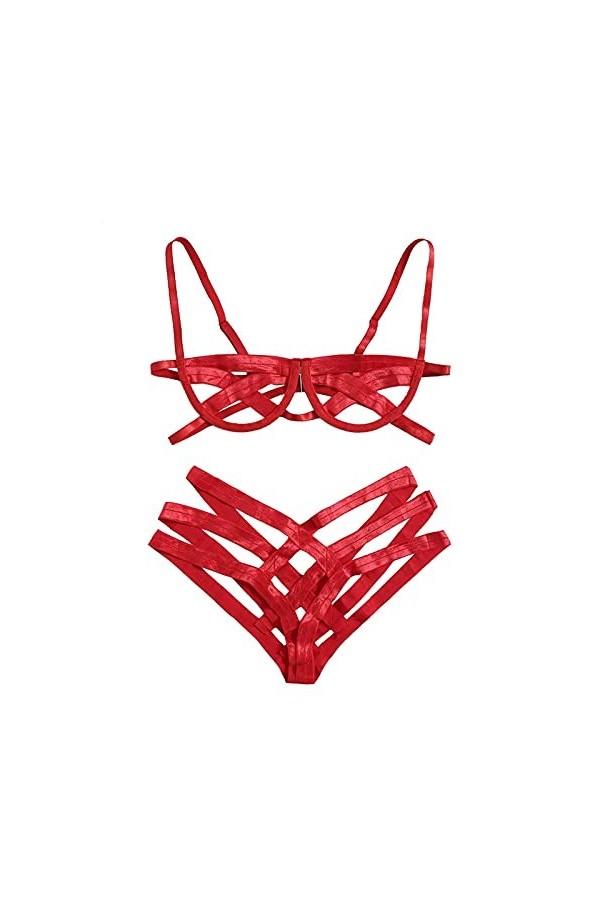 NHNKB Ensemble de lingerie sexy en dentelle avec jarretière en acier et sous-vêtement de ski pour homme et femme, rouge, S