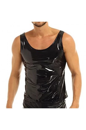T-shirt pour homme, effet mouillé, en cuir verni, maille, haut sans manches, manteau effet mouillé, haut sexy en cuir verni p
