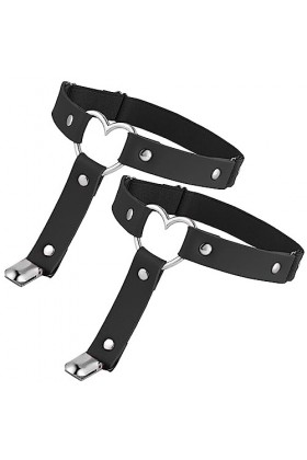 2 Pièces Jarretières en Cuir Noir Coeur Punk Gothique Jarretière Réglable Antidérapant Clip Femme Halloween Carnaval Cosplay 