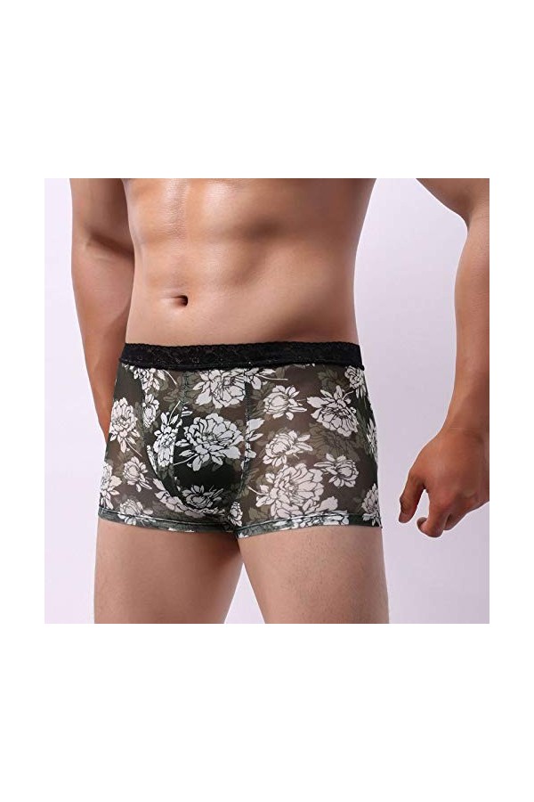 Sous-vêtements respirants imprimés pour homme - Boxer transparent en dentelle - Sous-vêtements pour homme, Vert armée., XXL