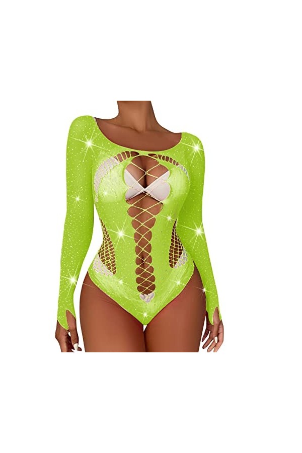 Dames Sexy Brillant Lingerie à Manches Longues Maille Transparent Creux Sexy Lingerie Culotte Combinaison Lover Lingerie C, 