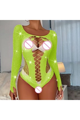 Dames Sexy Brillant Lingerie à Manches Longues Maille Transparent Creux Sexy Lingerie Culotte Combinaison Lover Lingerie C, 