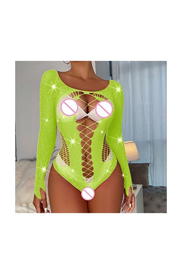 Dames Sexy Brillant Lingerie à Manches Longues Maille Transparent Creux Sexy Lingerie Culotte Combinaison Lover Lingerie C, 