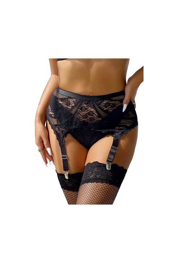 comeondear Jarretières Porte-Jarretelles Sexy Femme avec 4 Pinces Réglable Guepiere Jarretelle Dentelle Noir Lingerie Grande 