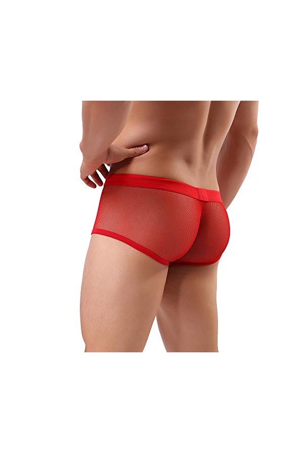 Junhasgood Hommes Transparent Mesh Quadrangle Pantalon Plat Pantalon Sexy Pantalon Culotte Lingerie Sexy Hot Ouverte b-Red, 