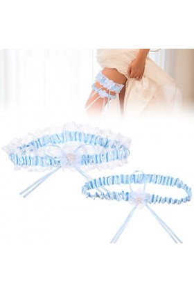 Lot de 2 jarretelles pour mariée - Bleu - Ruban élastique en dentelle - Joli anneau de jambe en dentelle avec fleur - Cadeau 