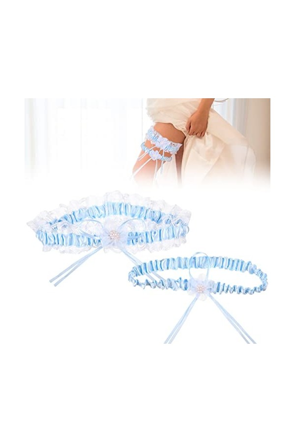 Lot de 2 jarretelles pour mariée - Bleu - Ruban élastique en dentelle - Joli anneau de jambe en dentelle avec fleur - Cadeau 
