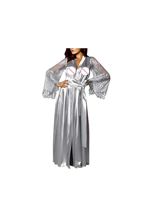 Luckywaqng Robe de nuit sexy en satin pour femme - Robe de nuit sexy - Dentelle en soie, gris, L