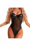Jiabing Ladies Black Mesh Leather Splicing Ladies Sexy Chemise de Nuit Sexy Transparente Lingerie Balconnet Black, XL 