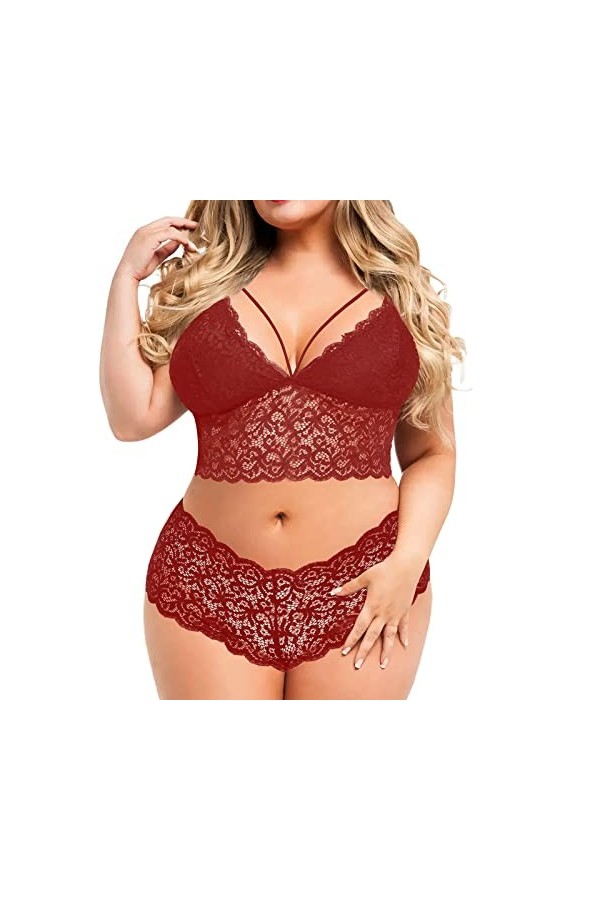liaddkv Ensemble de 2 culottes et soutien-gorge sexy en dentelle florale sans armatures, Bordeaux, XL