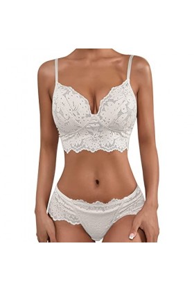 liaddkv Lingerie Femme Sexy Dentelle Crochet Décolleté Soutien-gorge Broderie et Culotte Taille Haute Push Up Ensemble Deux P